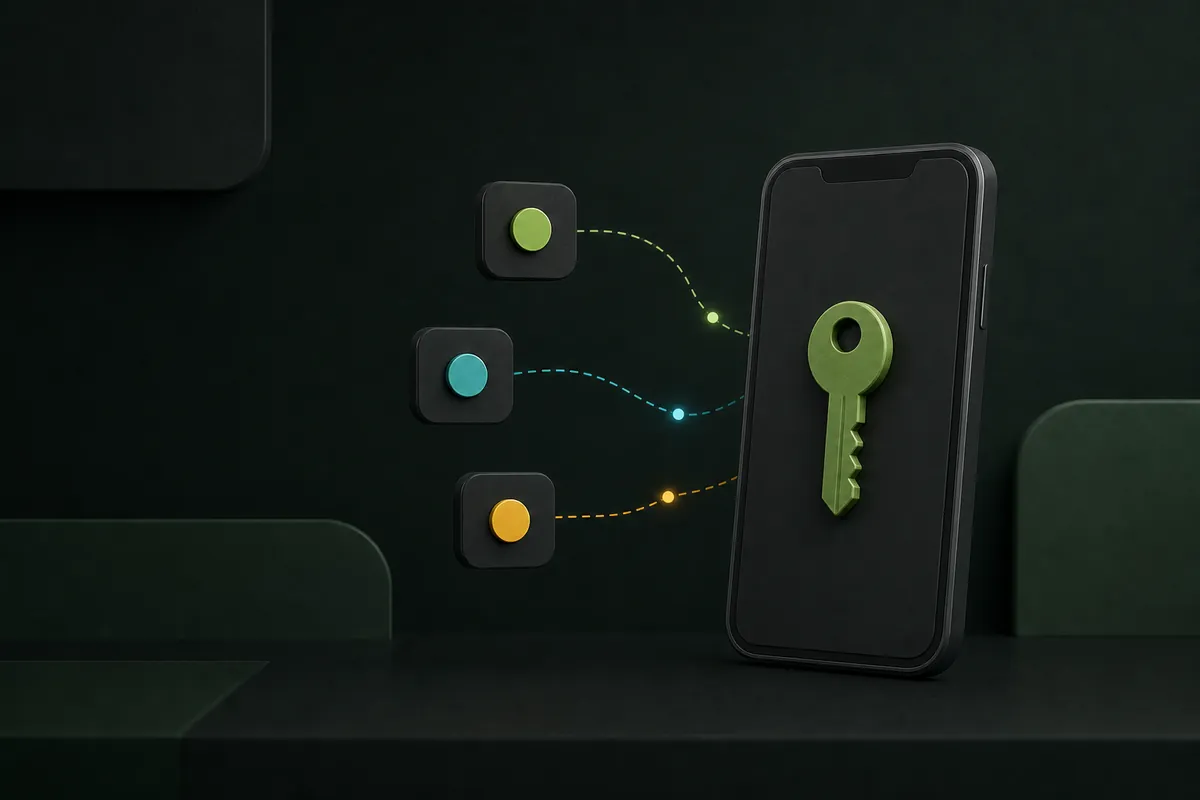 Celular com símbolos abstratos de chave e verificação de acesso