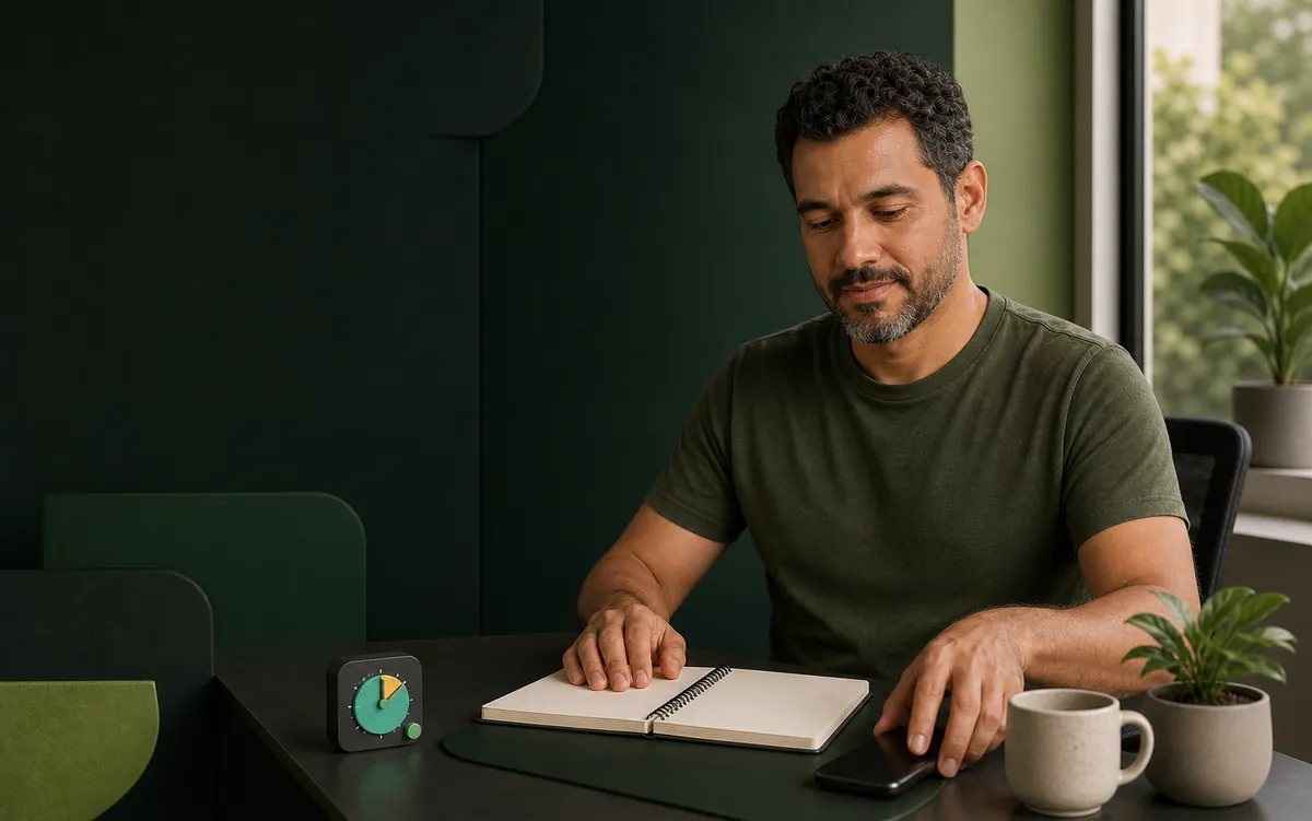 Pessoa definindo tempo e orçamento antes de guardar o celular