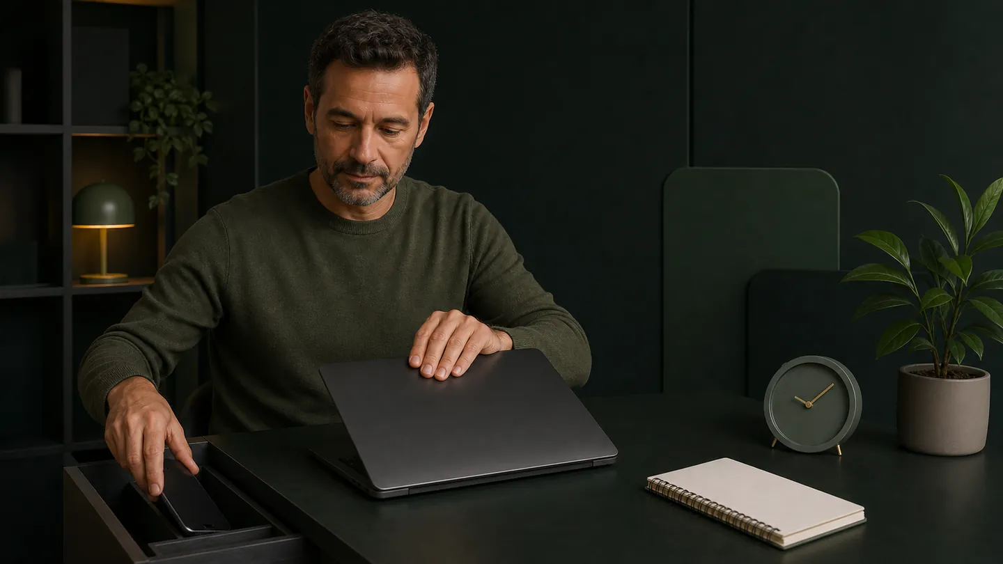 Pessoa encerrando o uso do computador ao lado de um plano de tempo e orçamento