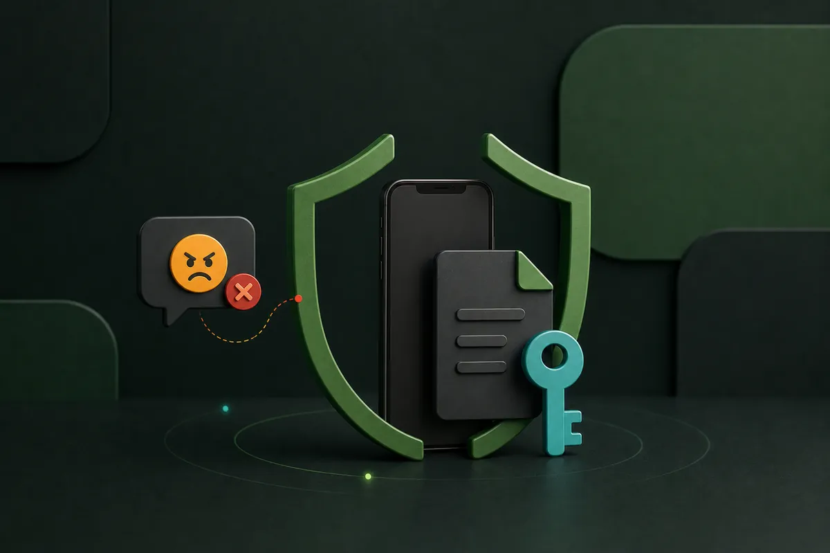 Escudo ilustrado protegendo celular, senha e documentos pessoais